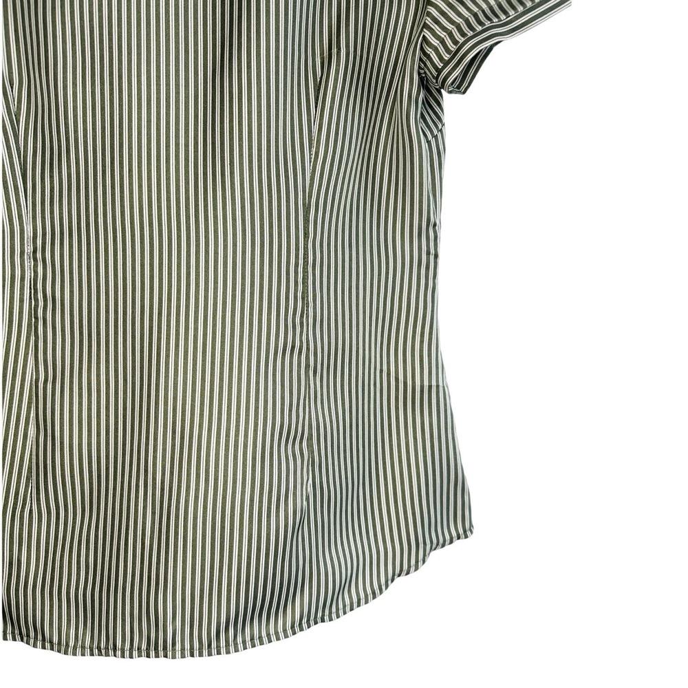 BCBGMAXAZRIA 100% Silk Striped Blouse Patina Green‎ Ruffle V-Neck Small NWT Flaw - Picture 13 of 16